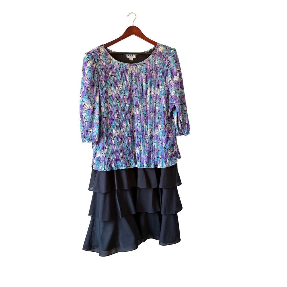 Vintage Floral Pleated Tiered Midi Dress Womens 3/4 Sleeve 3xl